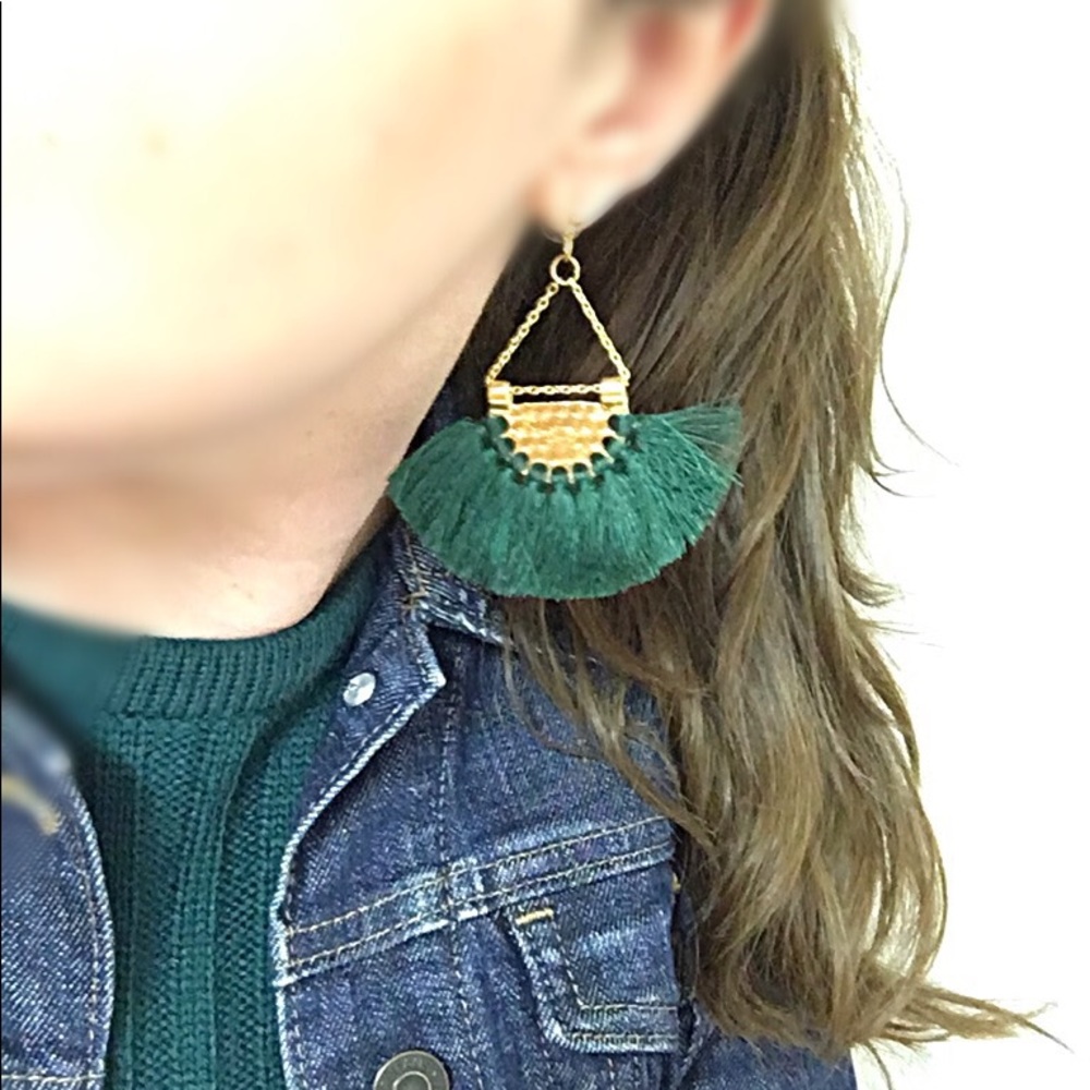 New Hunter Green Fan Tassel Earrings